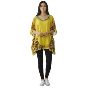 Cynthia‎ Rowley Yellow Beaded Caftan Tunic Top Sheer Cotton One Size Artsy Boho